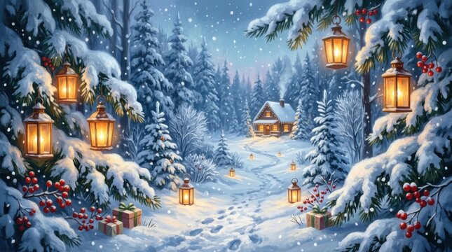 Magical winter forest path decorated with glowing lanterns and Christmas presents