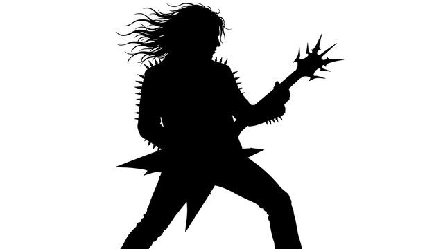 Silhouette of guitarist playing electric guitar white background.