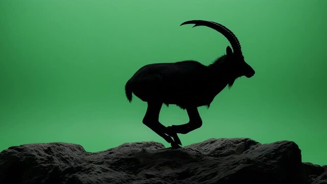 Ibex silhouette running across rocky terrain during a dynamic green screen motion sequence