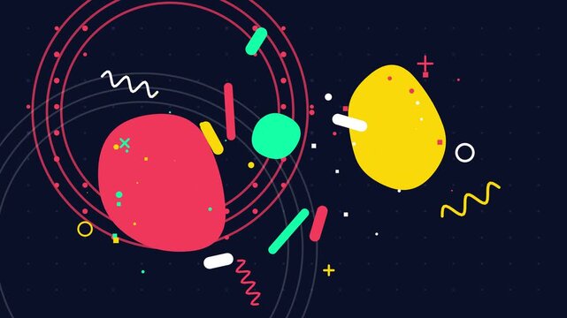Abstract memphis geometric shapes moving on dark background