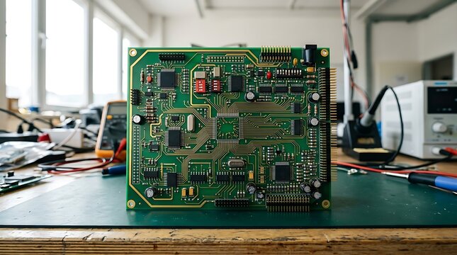 Green circuit board standing on engineering workshop desk