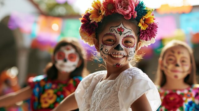 Joyful Children Celebrating Dia de los Muertos in Sugar Skull Makeup