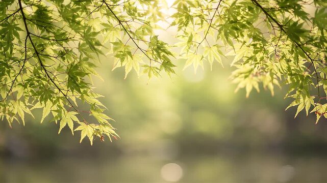Green maple leaves hanging over blurred pond background with golden sunlight, natural freshness and tranquility concept with copy space