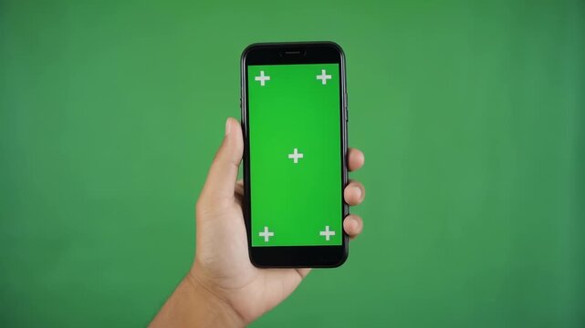 Hand holding smartphone with green screen during digital interaction against a chroma key background