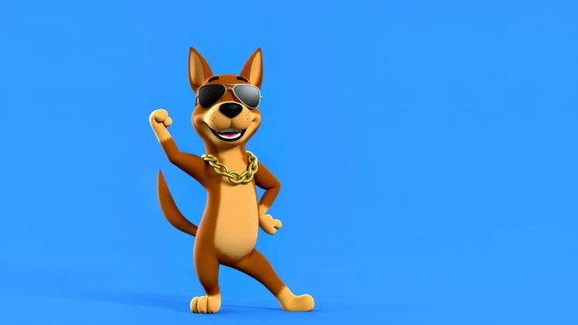 Joyful cartoon dog dancing with sunglasses on blue background