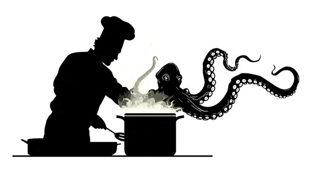 Chef cooking octopus in pot white background.