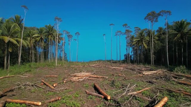 Deforestation of lush green forest with felled logs scattered across cleared land under bright blue sky