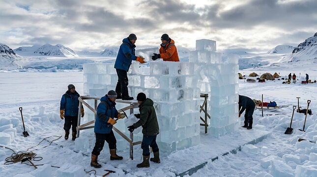 Team of builders constructing a structure with ice blocks in snow