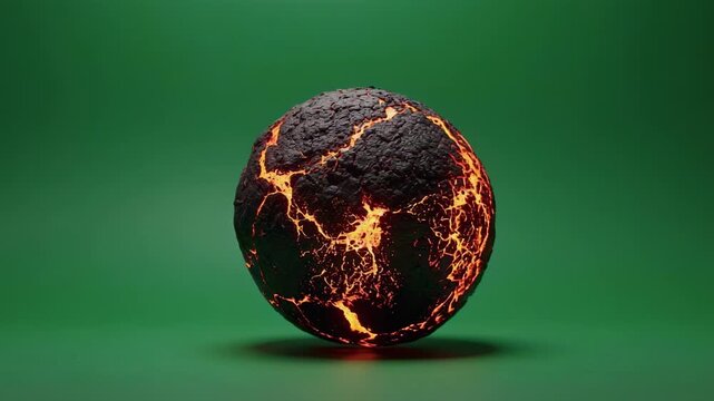 Molten planetoid suspended in air with glowing cracks and embers against a green studio background