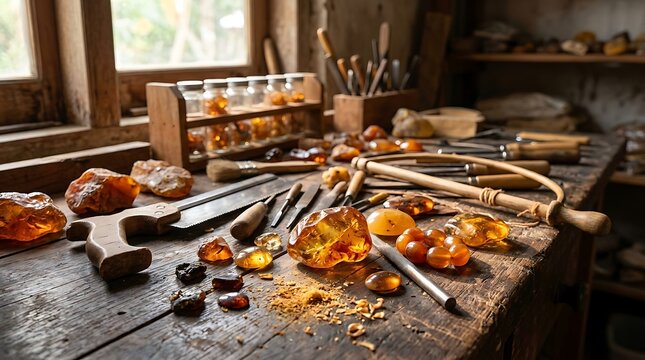 Artisan workbench with raw amber stones and carving tools