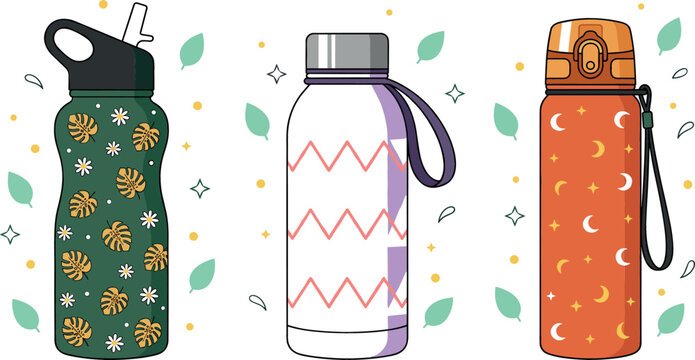 Reusable water bottles vector illustration set with insulated flasks showing tropical monstera leaves, chevron stripes, and moon patterns isolated on white