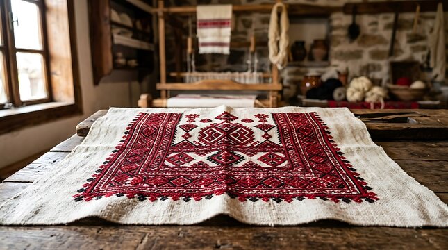 Traditional embroidered cloth rests on a rustic wooden table