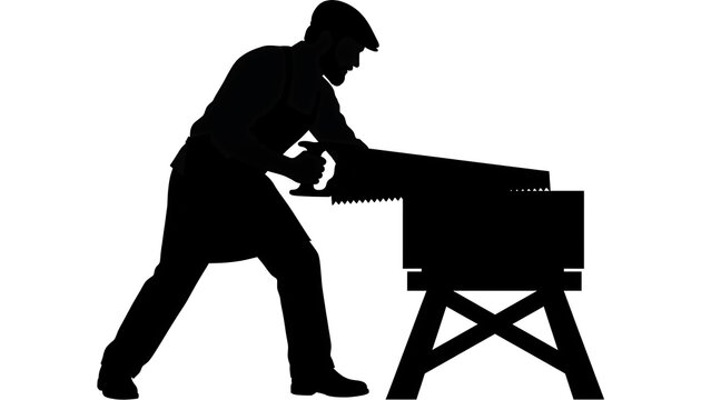 Silhouette of man sawing wood on sawhorse white background.