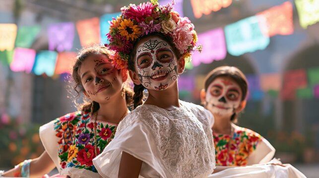 Joyful Children Celebrating Dia de los Muertos in Sugar Skull Makeup