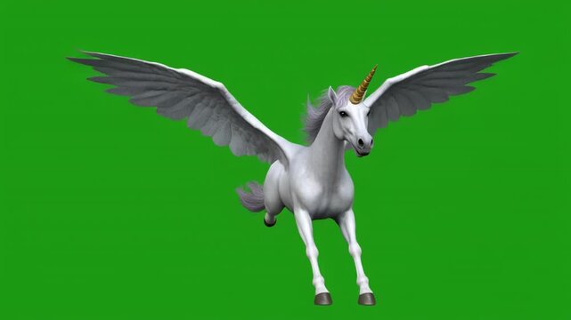 Mythical Pegasus creature flying with spread wings against a green screen background