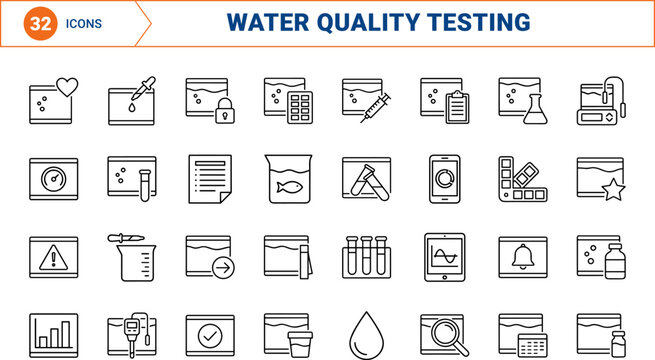 Aquarium Water Testing Web Icon Set in Linear Style. Collection of fish tank parameters line icons, including water testing, water quality, test kit, tank analysis, parameter measurement.