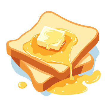 Delicious toasted bread slices with melting butter cube and honey syrup dripping, isolated vector illustration.