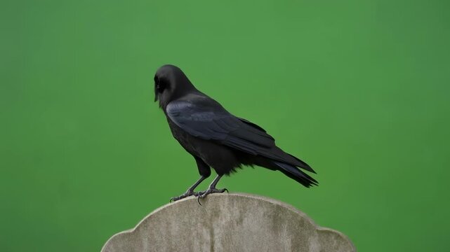 Lone crow perched on textured rock against a vibrant green backdrop with subtle motion