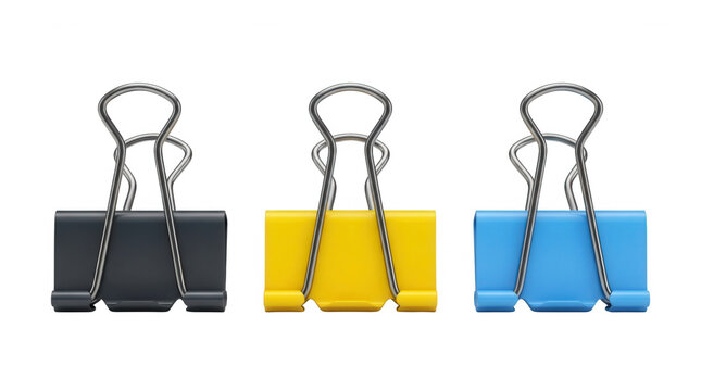 Trois pinces &agrave; dessin de couleurs diff&eacute;rentes, noir, jaune et bleu, align&eacute;es horizontalement sur un fond blanc pur, id&eacute;ales pour le bureau et les fournitures scolaires.