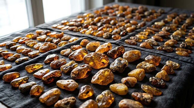 Many raw amber stones arranged on a dark cloth