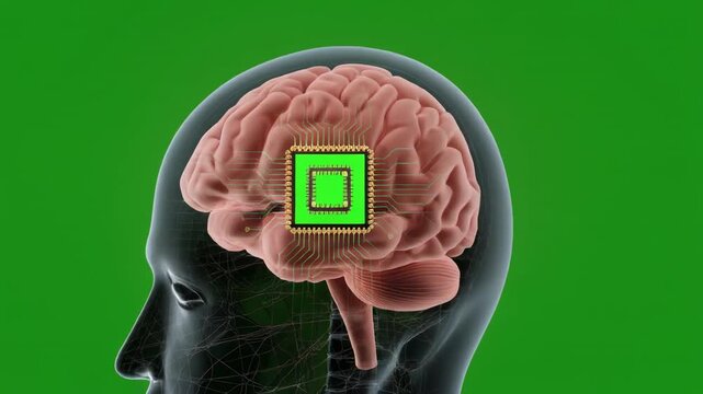 Human brain anatomy with digital chip implant during medical research and technological innovation