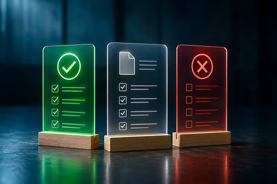 Glowing acrylic displays showing document checkmark and cross symbols representing business approval and rejection processes for quality control