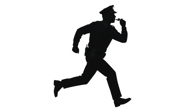 Silhouette of running police officer white background.