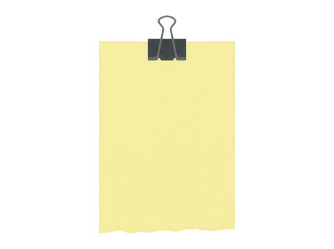 Une feuille de papier jaune vierge fix&eacute;e avec une pince &agrave; dessin noire sur un fond blanc isol&eacute;, id&eacute;ale pour ajouter du texte, des notes ou des messages importants.