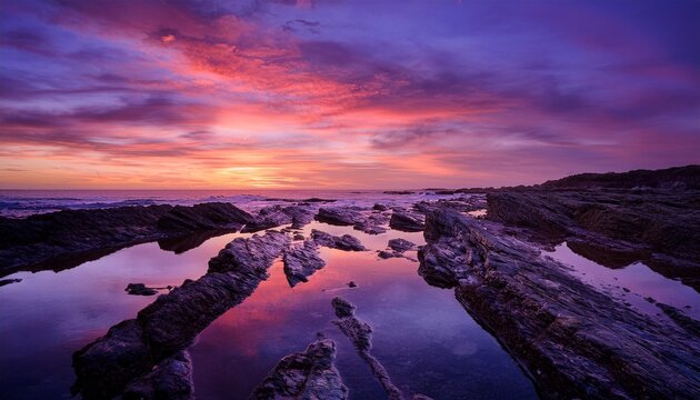 Vibrant Purple Sunset Over A Rocky Coast With Calm Tide Pools Reflecting The Colorful Sky