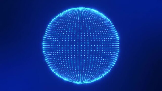 Abstract glowing sphere pulsing with digital particles in deep blue space