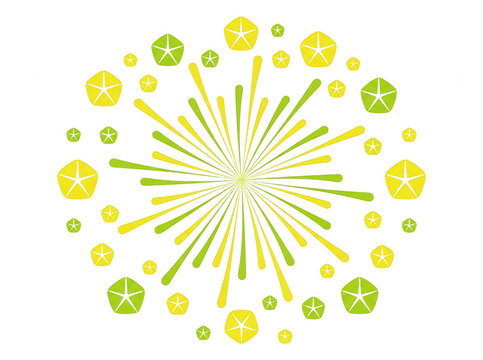 Illustration vectorielle abstraite de feu d'artifice stylis&eacute; avec des formes g&eacute;om&eacute;triques en &eacute;toile et des rayons lumineux dans des tons de vert et de jaune sur fond blanc