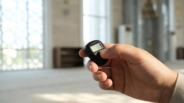 Hand holding digital prayer counter in a mosque, counting beads for Islamic worship and spirituality