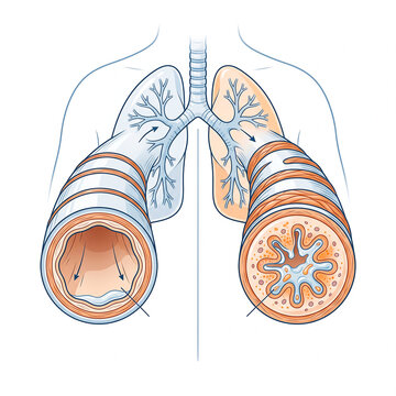 Scientific medical illustration comparing normal healthy bronchiole cross-section with asthmatic airway inflammation, muscle constriction, and mucus accumulation.