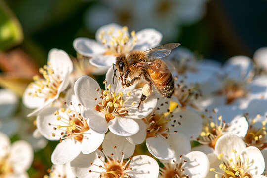 Bee pollinates flowers in a blooming pear orchard in spring