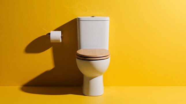 Minimalist white toilet with wooden lid on vibrant yellow background, modern bathroom interior with toilet paper roll, clean ceramic commode