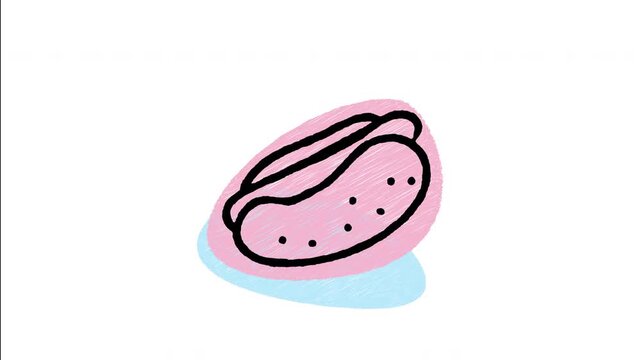 An animated hand-drawn fast food sausage hot dog in a soft bun with mustard. Ideal for fast food menus, snack bars, baseball stadium food, and american diners.