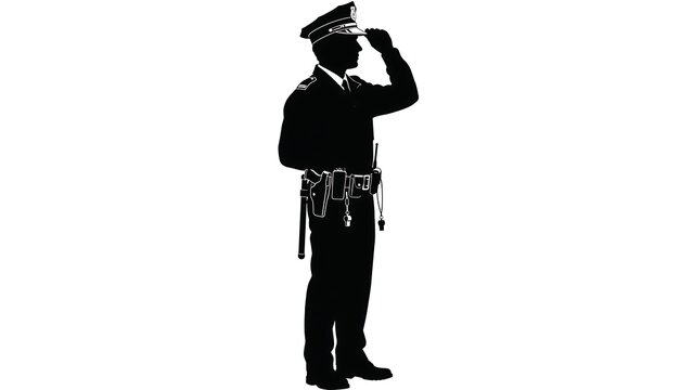 Silhouette of a saluting police officer white background.