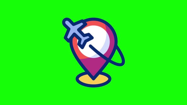 Airplane flying around map pin location pointer isolated on green screen flat cartoon vector animation