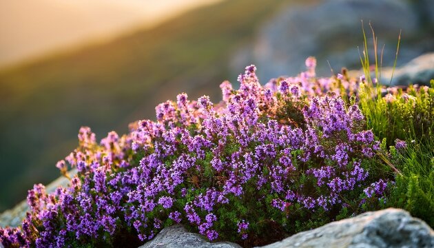 Closeup Picture Of Purple Creeping Thyme Plant In Summer Wild Thymus Serpyllum Spices Blooms On A Rock Background Fresh Flowering Nature Wallpaper Of Herbal Varieties In Carpathian Alps Of Ukraine