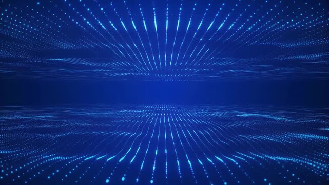 Abstract blue digital grid lines emanating from a vanishing point during a slow camera push creating a sense of depth and motion