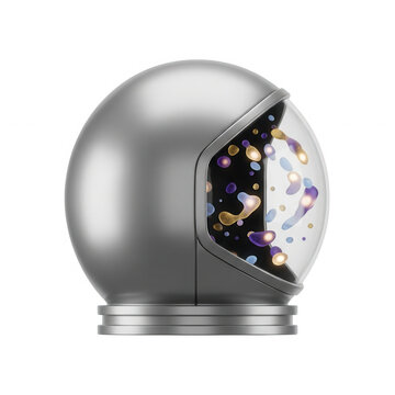 Casque d'astronaute futuriste argent&eacute; avec une visi&egrave;re transparente r&eacute;v&eacute;lant des formes abstraites lumineuses et color&eacute;es flottant dans l'espace sur un fond blanc isol&eacute;