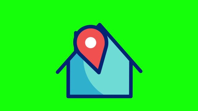 Animated house icon with red map pin location marker popping up on a chroma key green screen background