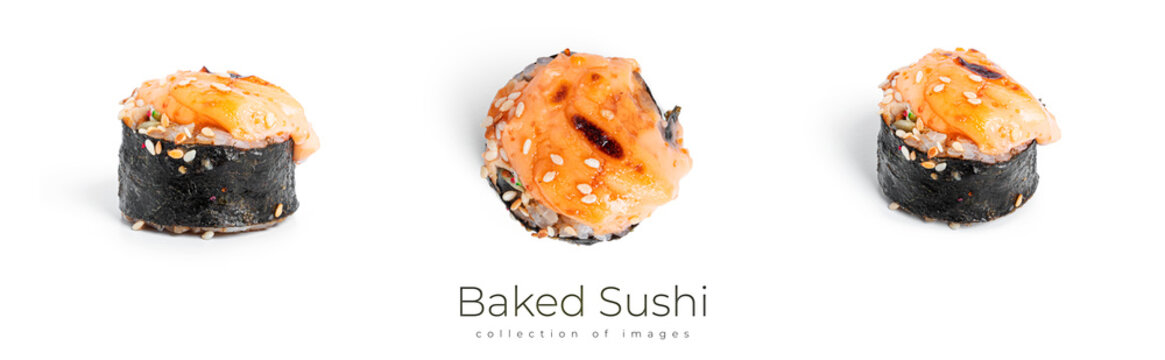 Baked Sushi Rolls with seefood isolated on white background. Hosomaki.