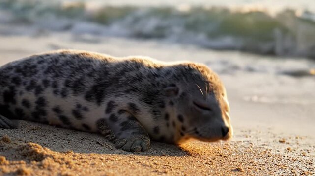 Peaceful Harbor Seal Resting on a Sandy Shore, Glistening by Gentle Waves Under the Warm Glow of Sunset Light, Capturing the Serenity of Coastal Life