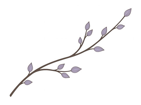 Illustration vectorielle minimaliste d'une branche fine avec de petites feuilles violettes isol&eacute;e sur un fond blanc pur pour des projets de design graphique cr&eacute;atif