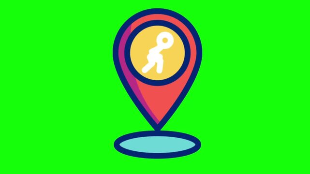 Animated map pin marker with running person icon looping on chroma key green screen background graphic