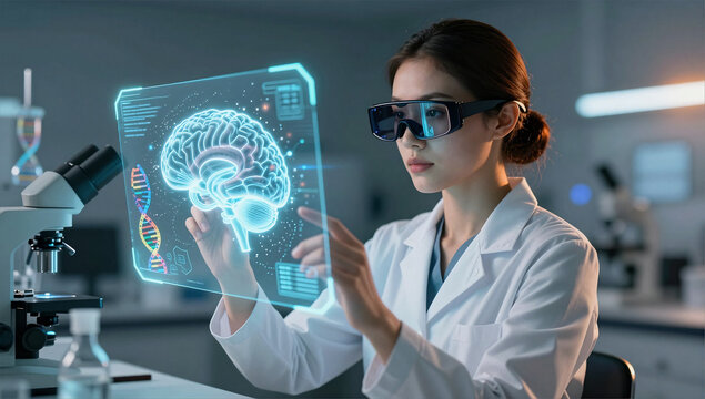 Scientist Analyzing Holographic Gene Map in Healthtech Lab