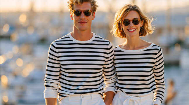 Couple in striped sweaters walking at a marina during sunset. Nautical resort fashion style. Summer vacation concept