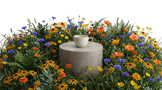 Une tasse en c&eacute;ramique pos&eacute;e sur un socle en b&eacute;ton entour&eacute; d'un jardin luxuriant de fleurs sauvages color&eacute;es, incluant des bleuets et des rudbeckies, sur un fond blanc pur.