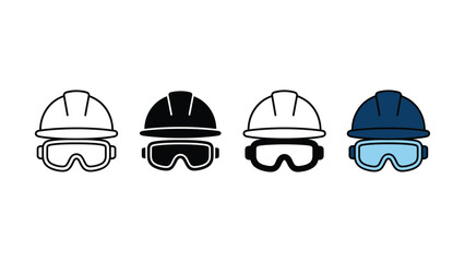 Fototapeta premium Set of construction worker safety hard hat and protective goggles icons